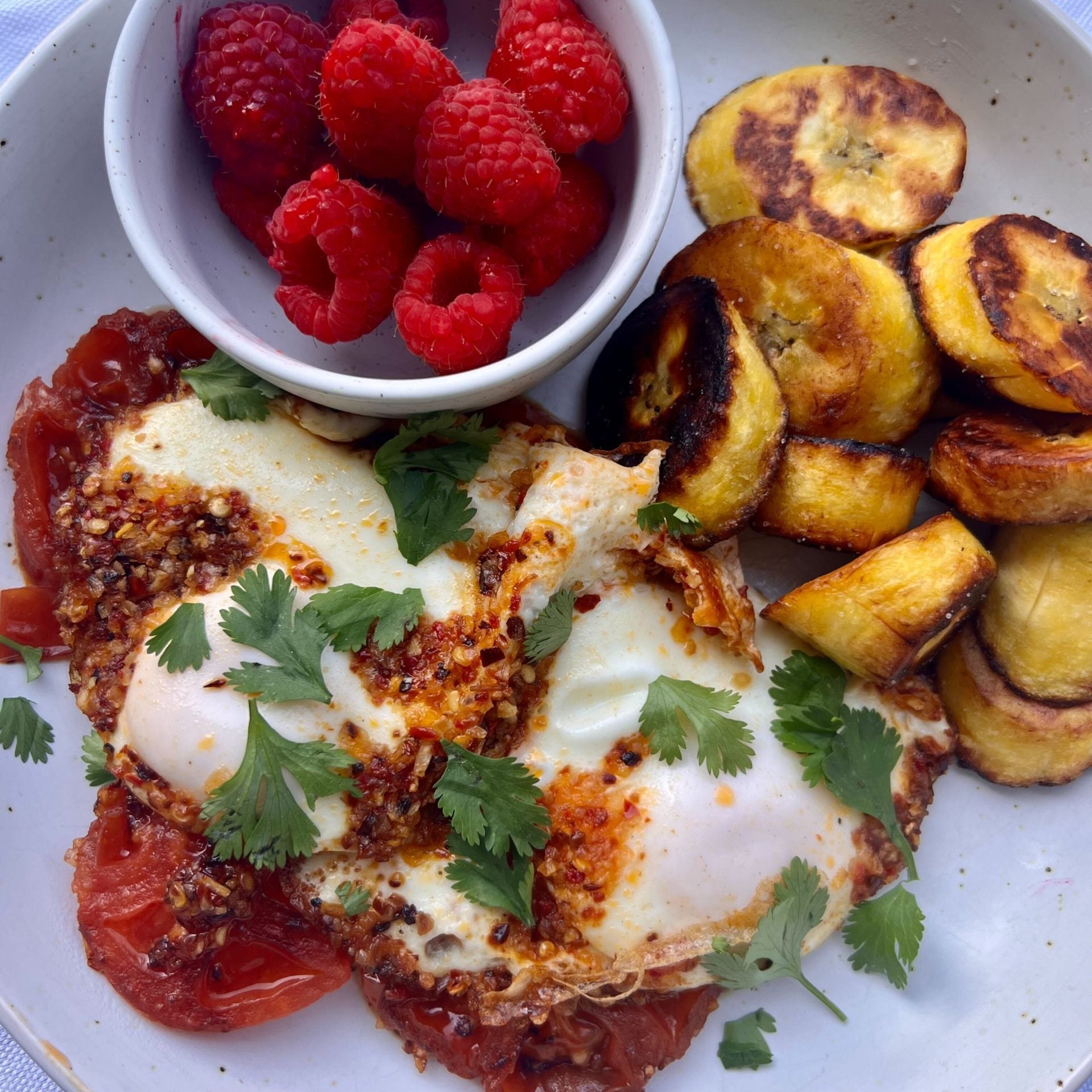 Chili Onion Crunch Fried Eggs & Tomatoes