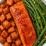Hot Honey Salmon w/ Roasted Sweet Potatoes & Garlic Green Beans