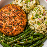Salmon Burger Bowls w/ Herby Potato Salad & Green Beans
