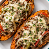 Beef Cheesesteak Stuffed Sweet Potatoes