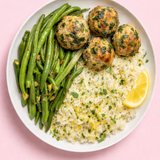 Spinach & Feta Turkey Meatballs w/ Lemon Rice & Garlic Green Beans