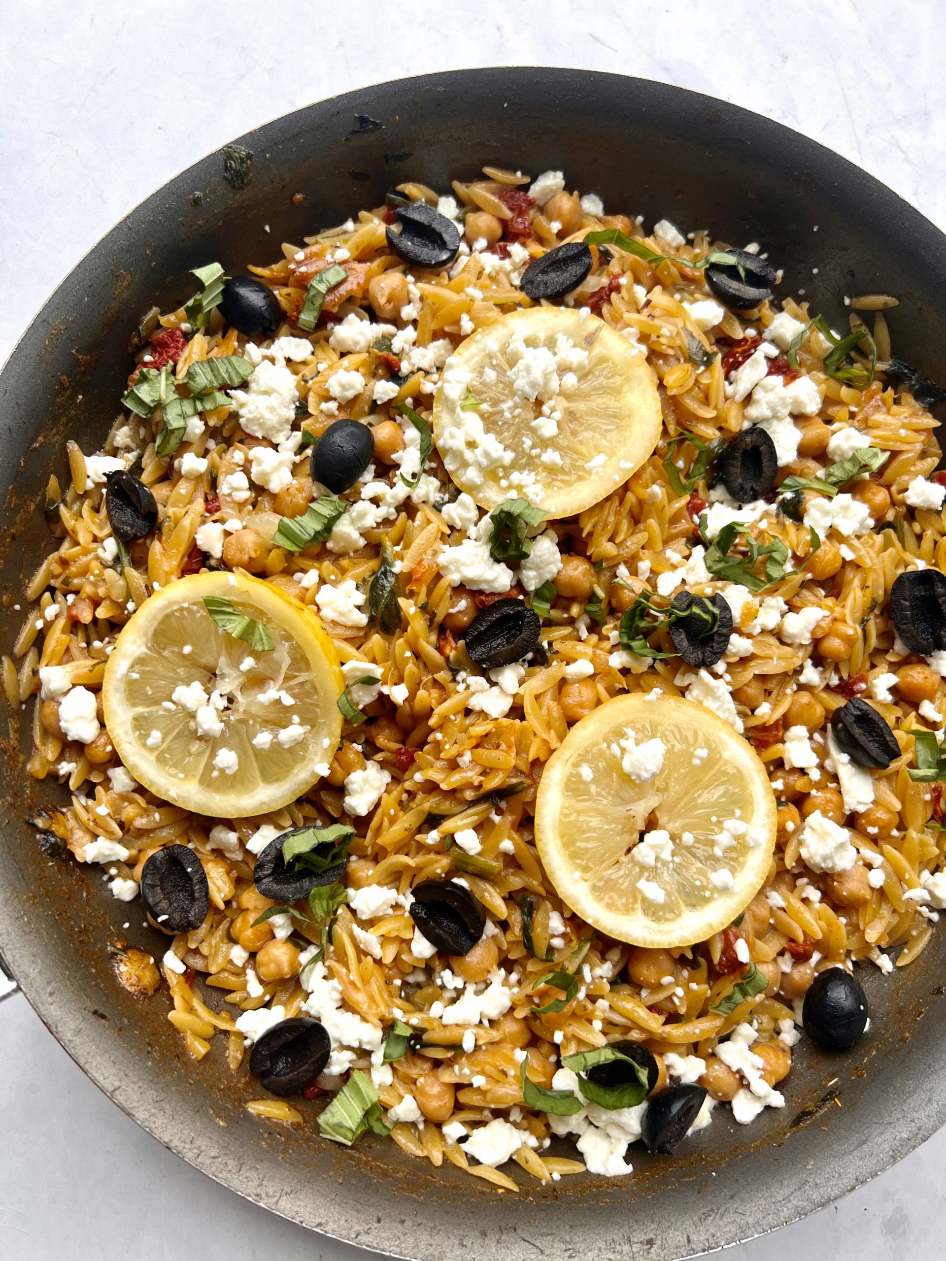 Skillet Orzo with Chick Peas and Spinach
